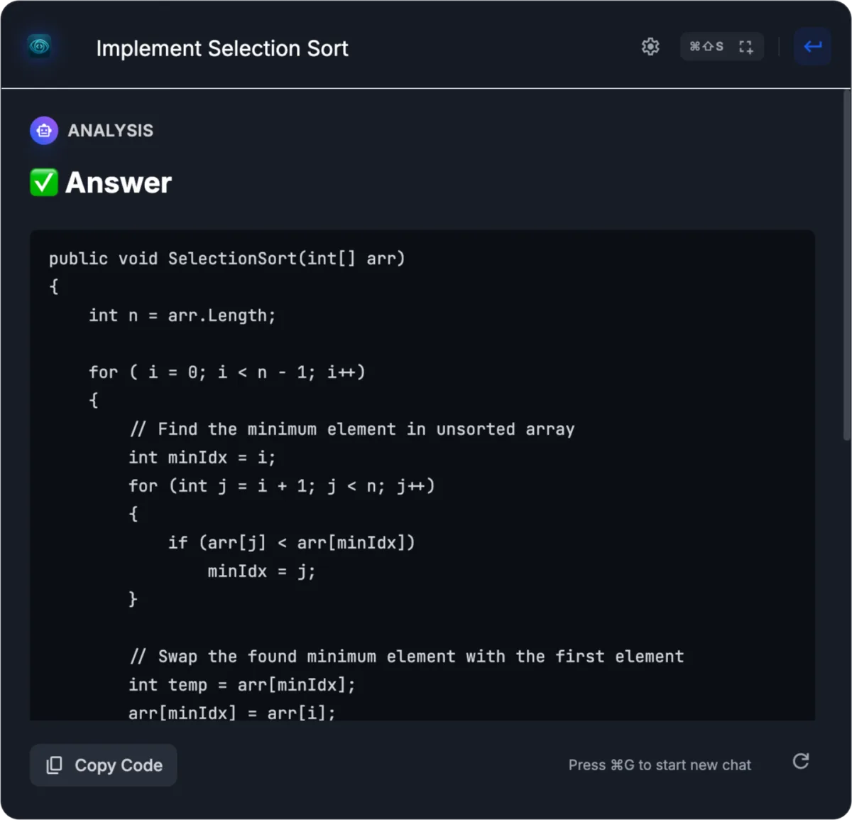 The Lens overlay analyzing a selection-sort interview question and showing the annotated solution